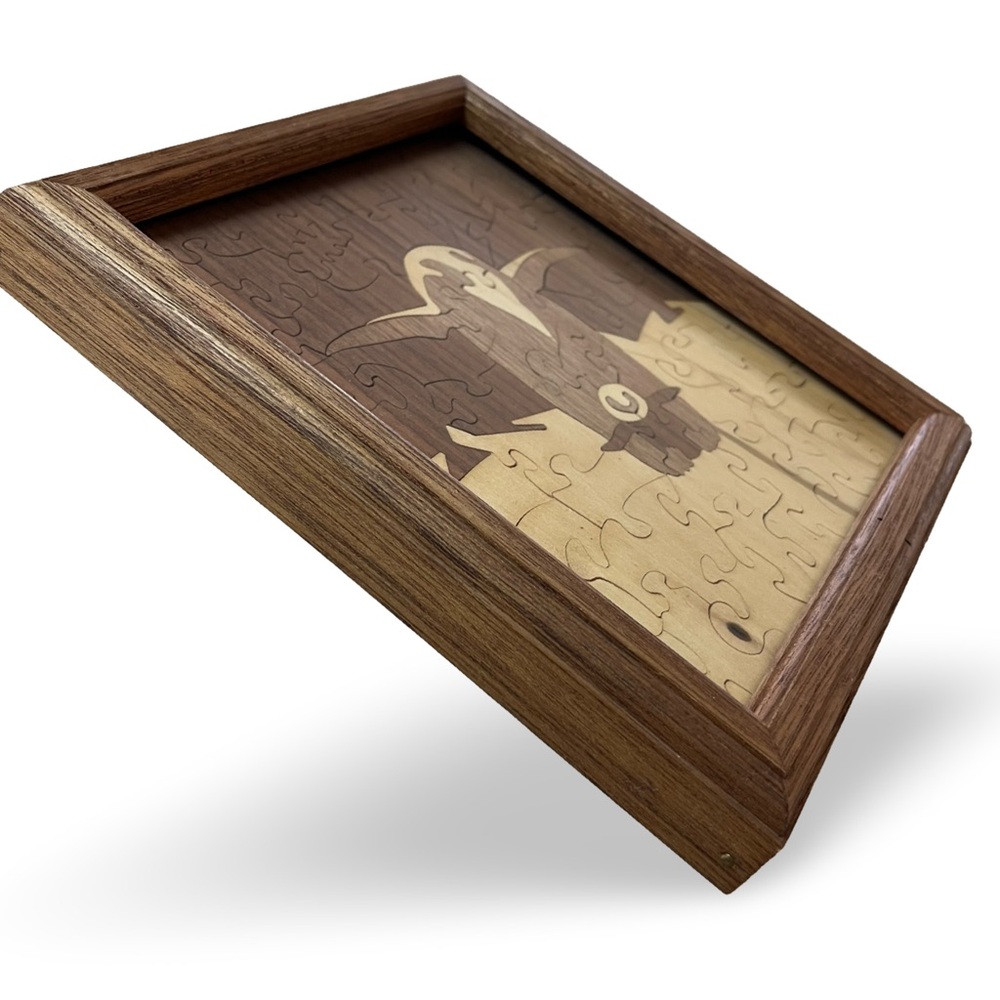 Wooden Penguin & Baby Handmade Walnut Puzzle in Oak Frame for Wall Art or Play